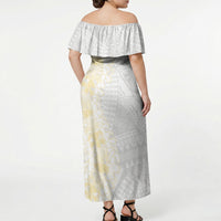 Niue White Sunday Off Shoulder Maxi Dress Niuean Hiapo With Puakenikeni Lei