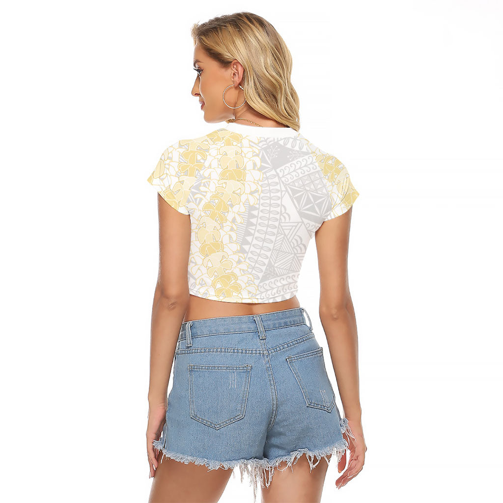 Niue White Sunday Raglan Cropped T Shirt Niuean Hiapo With Puakenikeni Lei