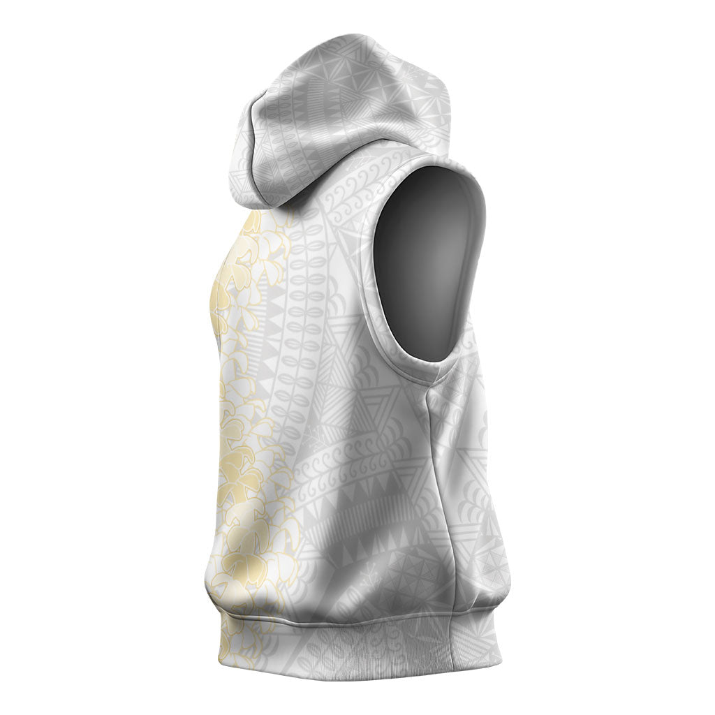 Niue White Sunday Sleeveless Hoodie Niuean Hiapo With Puakenikeni Lei
