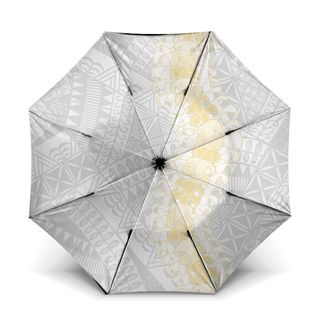 Niue White Sunday Umbrella Niuean Hiapo With Puakenikeni Lei LT05 One Size Folded 11.42 inch Opened Diameter 37.4 inch White - Polynesian Pride