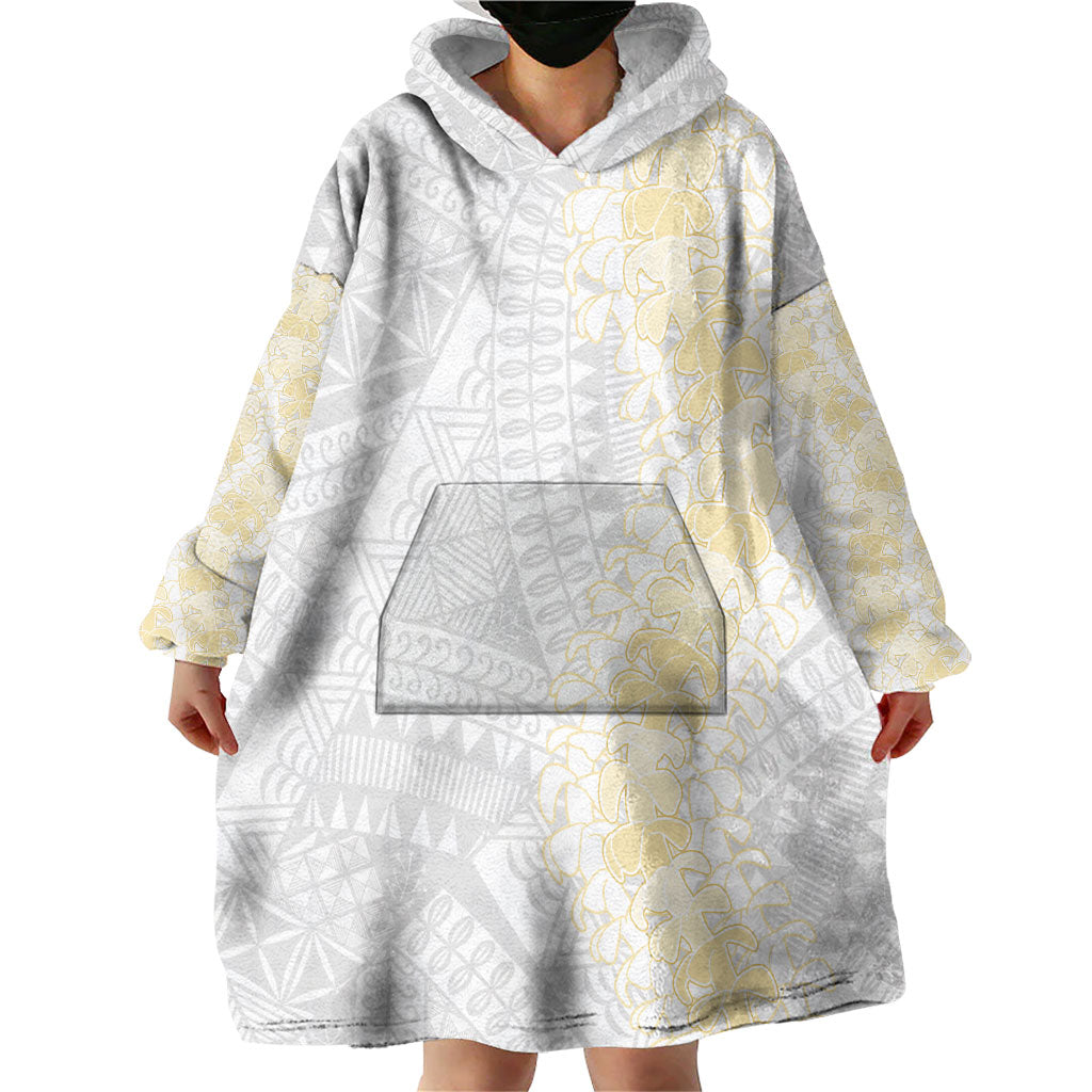 Niue White Sunday Wearable Blanket Hoodie Niuean Hiapo With Puakenikeni Lei