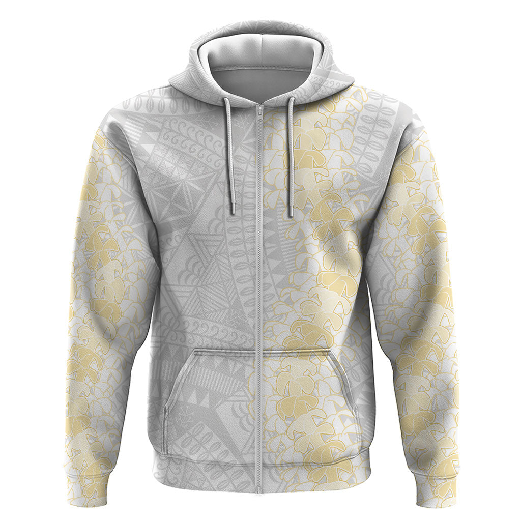 Niue White Sunday Zip Hoodie Niuean Hiapo With Puakenikeni Lei