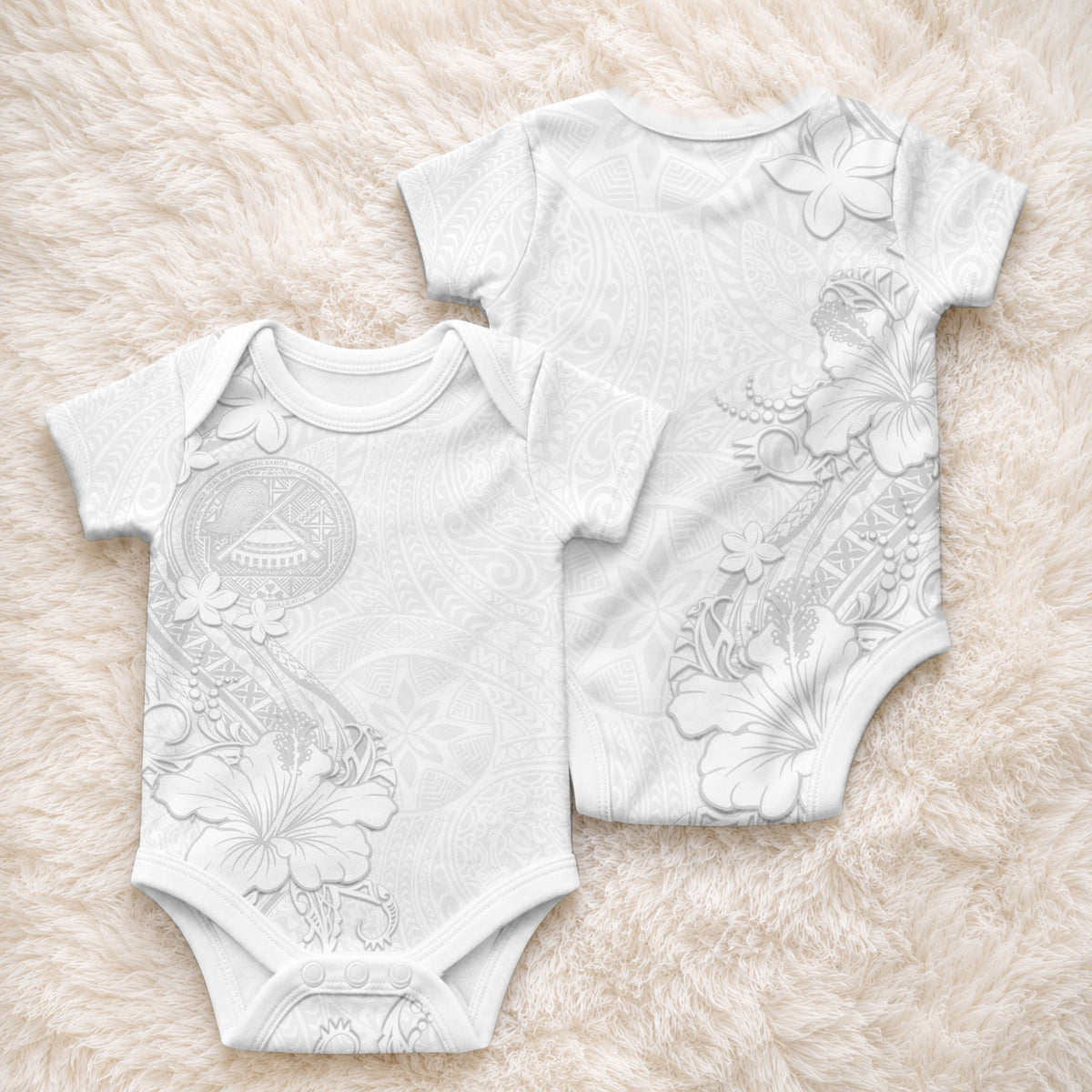 American Samoa White Sunday Baby Onesie Polynesian Pattern With Tropical Flowers