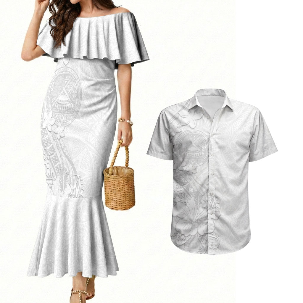 American Samoa White Sunday Couples Matching Mermaid Dress and Hawaiian Shirt Polynesian Pattern With Tropical Flowers