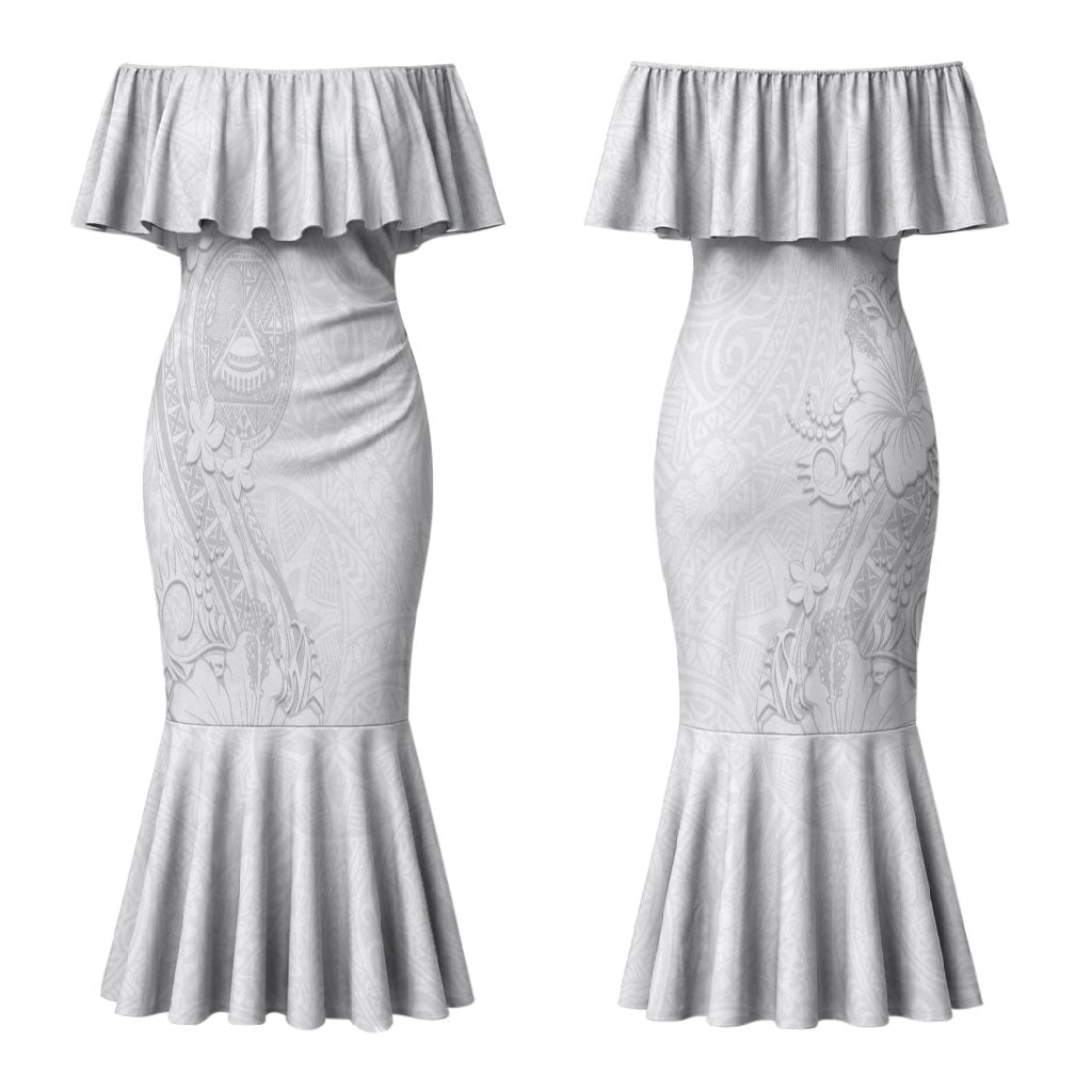 American Samoa White Sunday Couples Matching Mermaid Dress and Long Sleeve Button Shirt Polynesian Pattern With Tropical Flowers