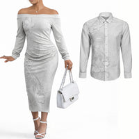 American Samoa White Sunday Couples Matching Off The Shoulder Long Sleeve Dress and Long Sleeve Button Shirt Polynesian Pattern With Tropical Flowers