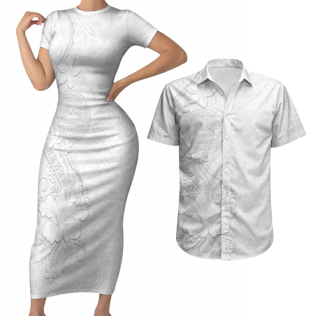 American Samoa White Sunday Couples Matching Short Sleeve Bodycon Dress and Hawaiian Shirt Polynesian Pattern With Tropical Flowers LT05 White - Polynesian Pride