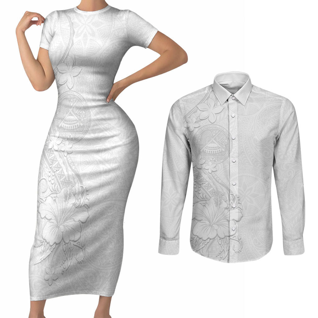 American Samoa White Sunday Couples Matching Short Sleeve Bodycon Dress and Long Sleeve Button Shirt Polynesian Pattern With Tropical Flowers