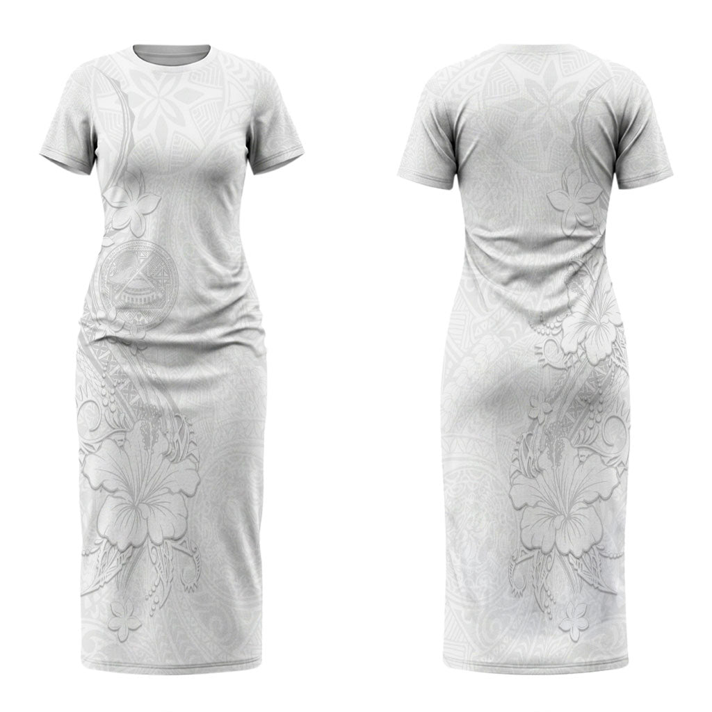 American Samoa White Sunday Couples Matching Short Sleeve Bodycon Dress and Long Sleeve Button Shirt Polynesian Pattern With Tropical Flowers