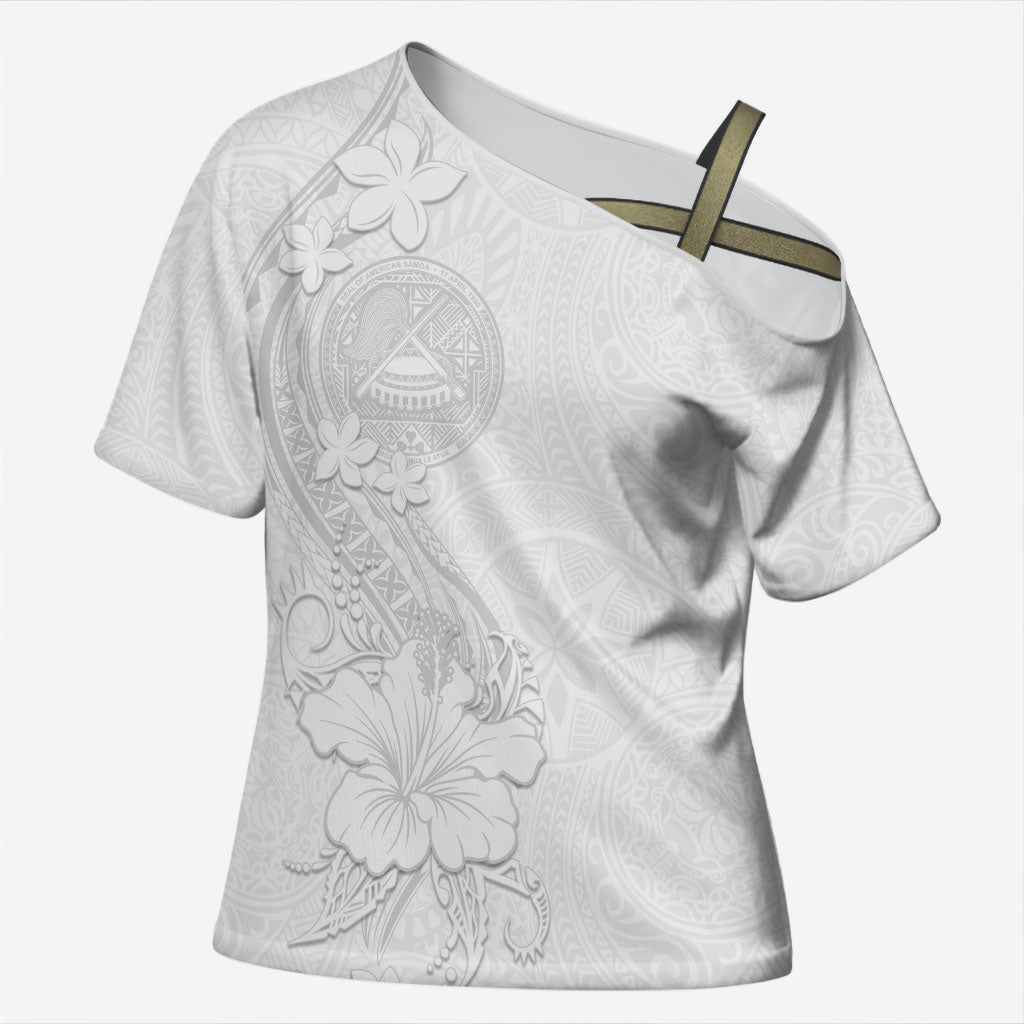American Samoa White Sunday Cross Shoulder Shirt Polynesian Pattern With Tropical Flowers