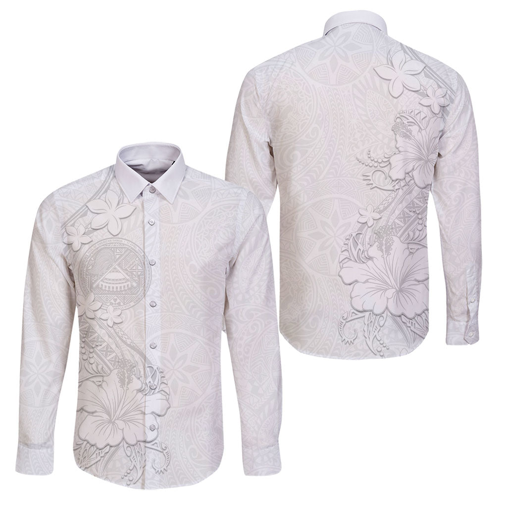 American Samoa White Sunday Family Matching Long Sleeve Bodycon Dress and Hawaiian Shirt Polynesian Pattern With Tropical Flowers