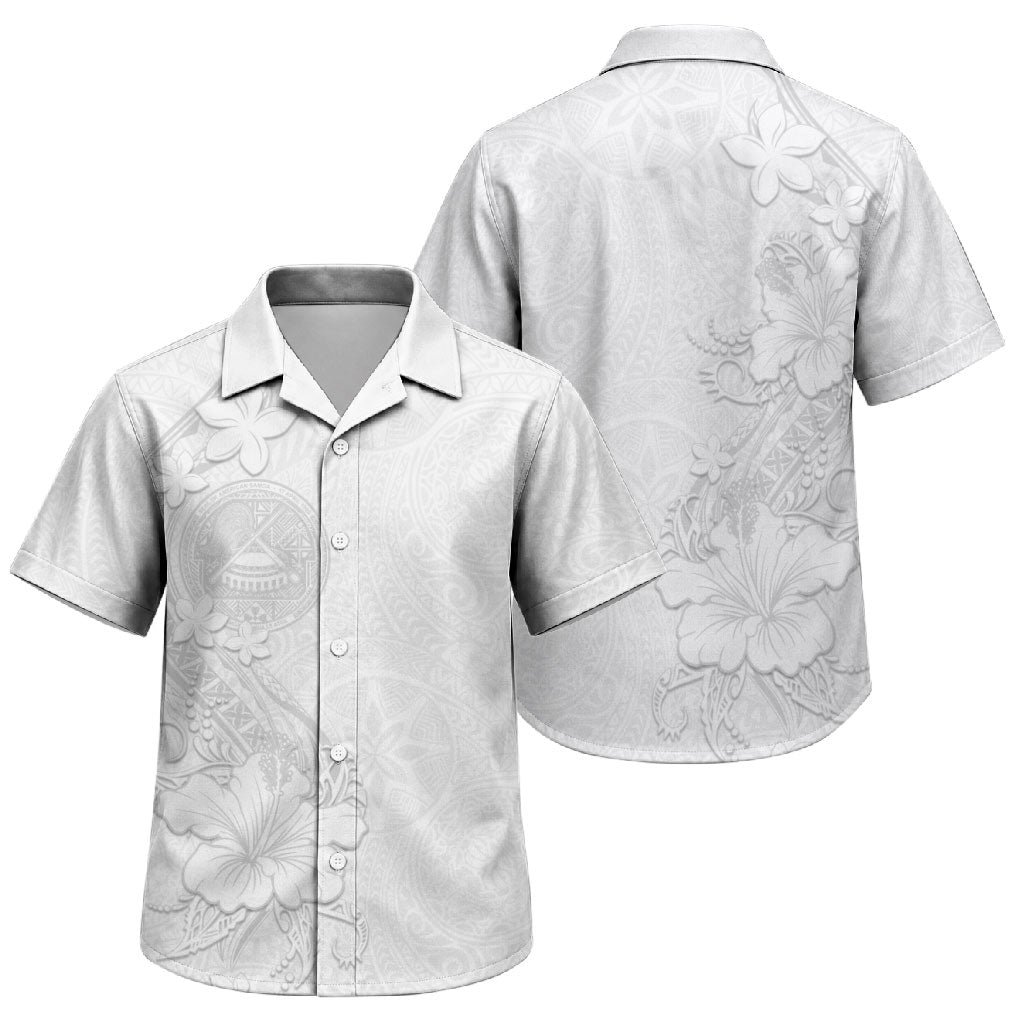American Samoa White Sunday Family Matching Short Sleeve Bodycon Dress and Hawaiian Shirt Polynesian Pattern With Tropical Flowers