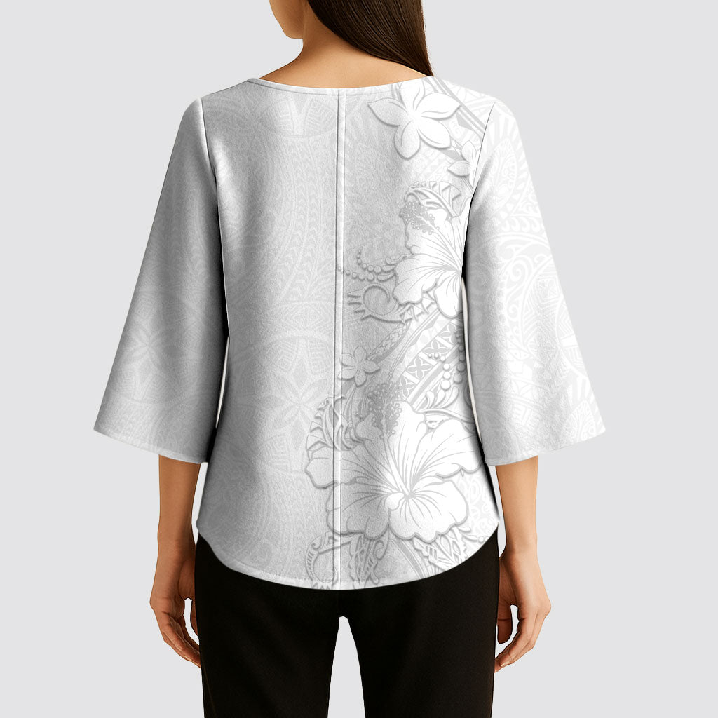American Samoa White Sunday Kimono Sleeve Blouse Polynesian Pattern With Tropical Flowers