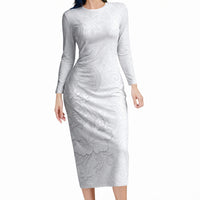 American Samoa White Sunday Long Sleeve Bodycon Dress Polynesian Pattern With Tropical Flowers