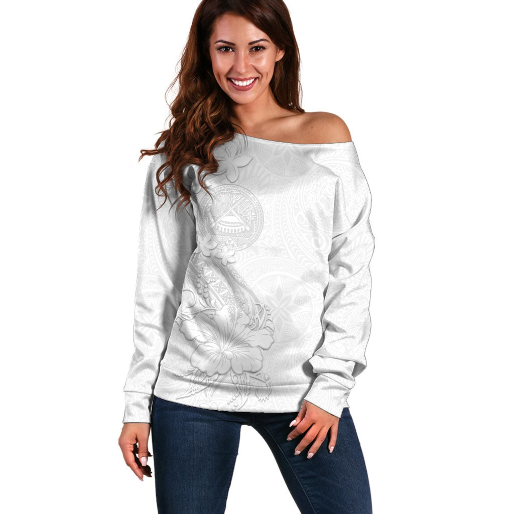 American Samoa White Sunday Off Shoulder Sweater Polynesian Pattern With Tropical Flowers LT05 Women White - Polynesian Pride