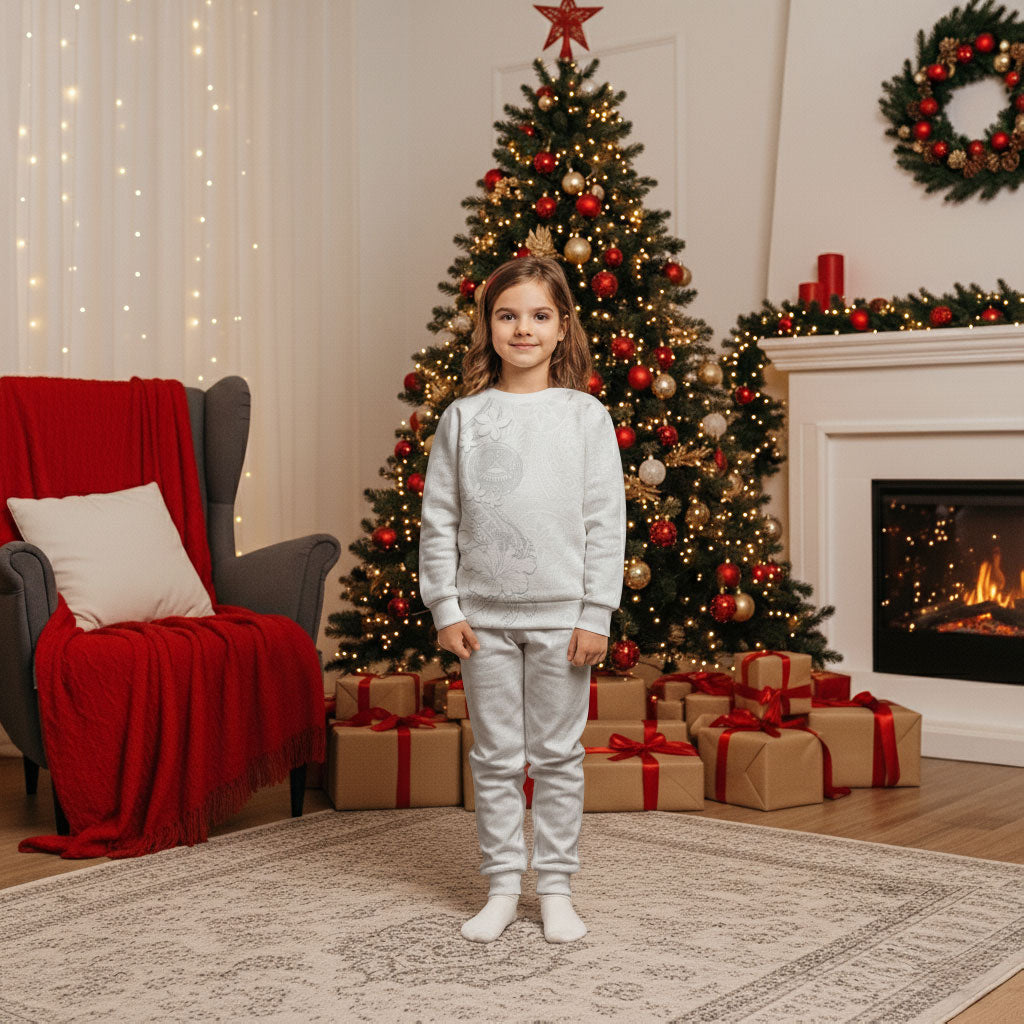 American Samoa White Sunday Christmas Pajama Set Polynesian Pattern With Tropical Flowers LT05 Kid White - Polynesian Pride