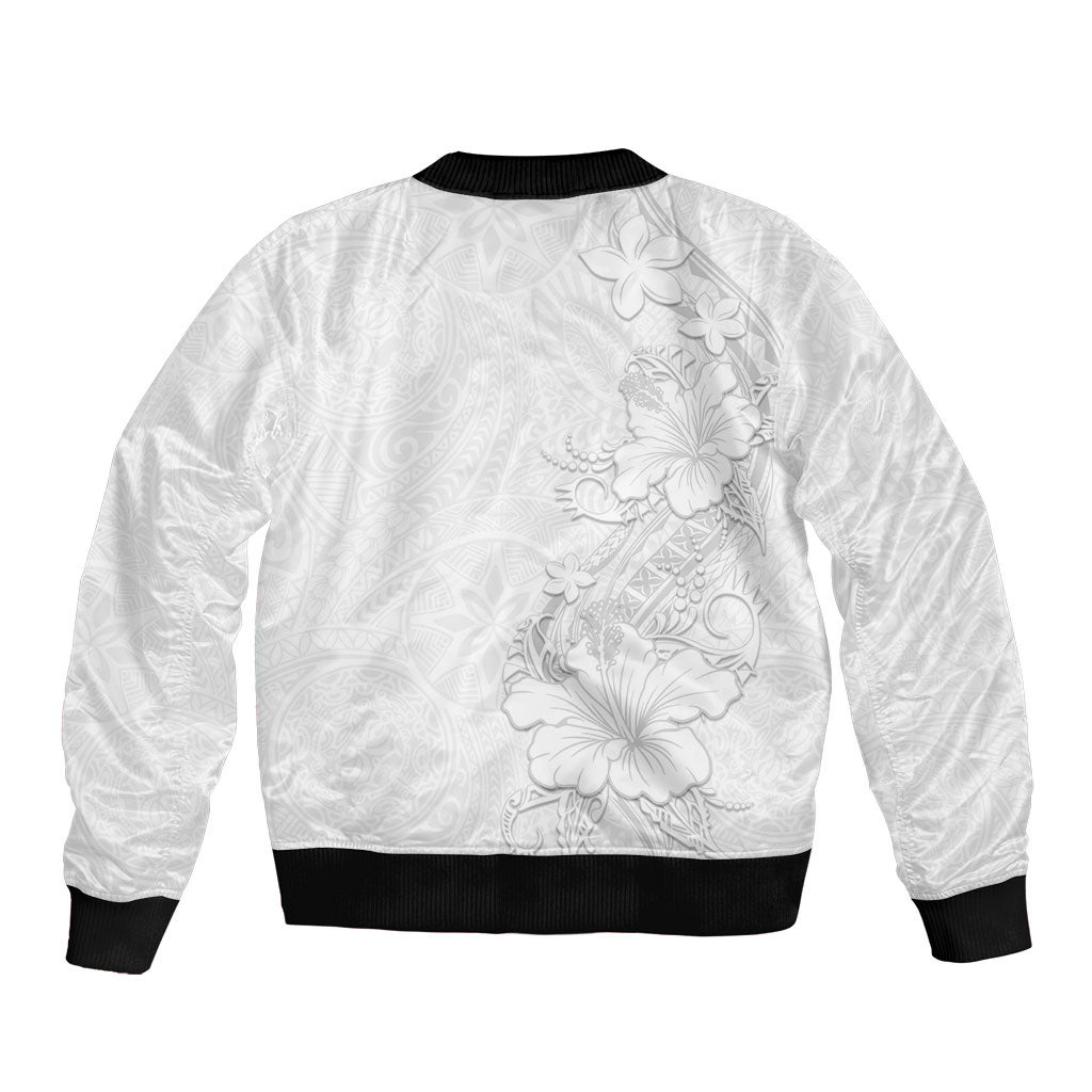 American Samoa White Sunday Sleeve Zip Bomber Jacket Polynesian Pattern With Tropical Flowers