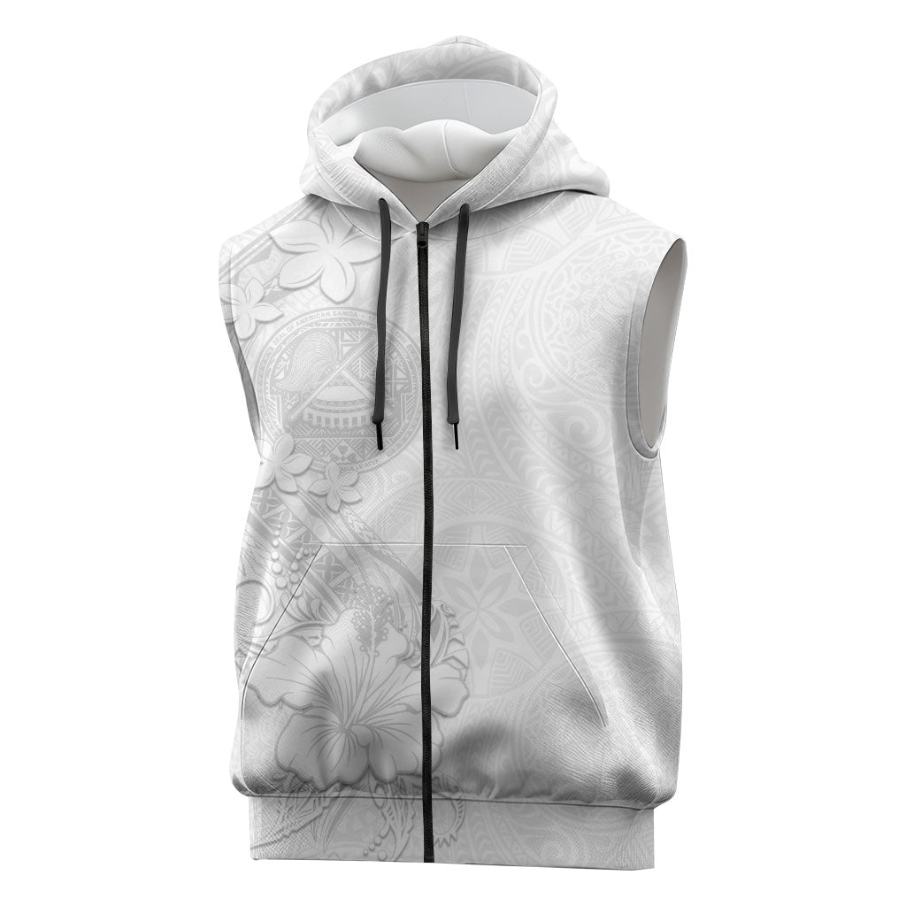 American Samoa White Sunday Sleeveless Zip Hoodie Polynesian Pattern With Tropical Flowers