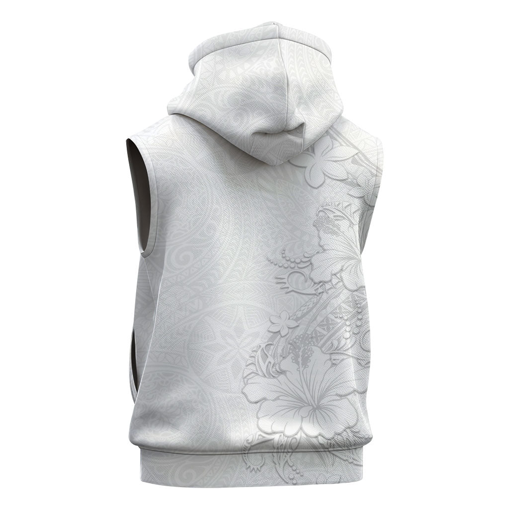American Samoa White Sunday Sleeveless Zip Hoodie Polynesian Pattern With Tropical Flowers