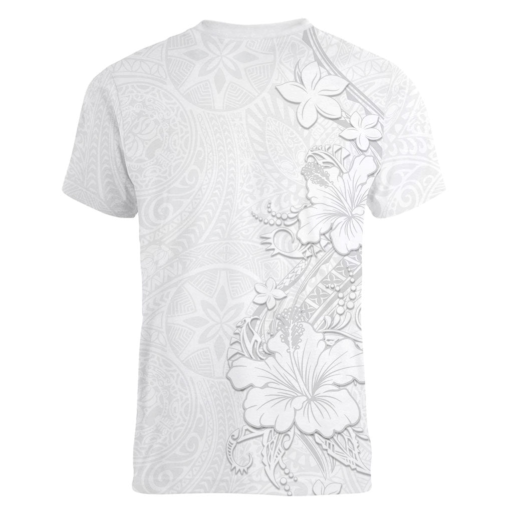 American Samoa White Sunday Women V-Neck T-Shirt Polynesian Pattern With Tropical Flowers