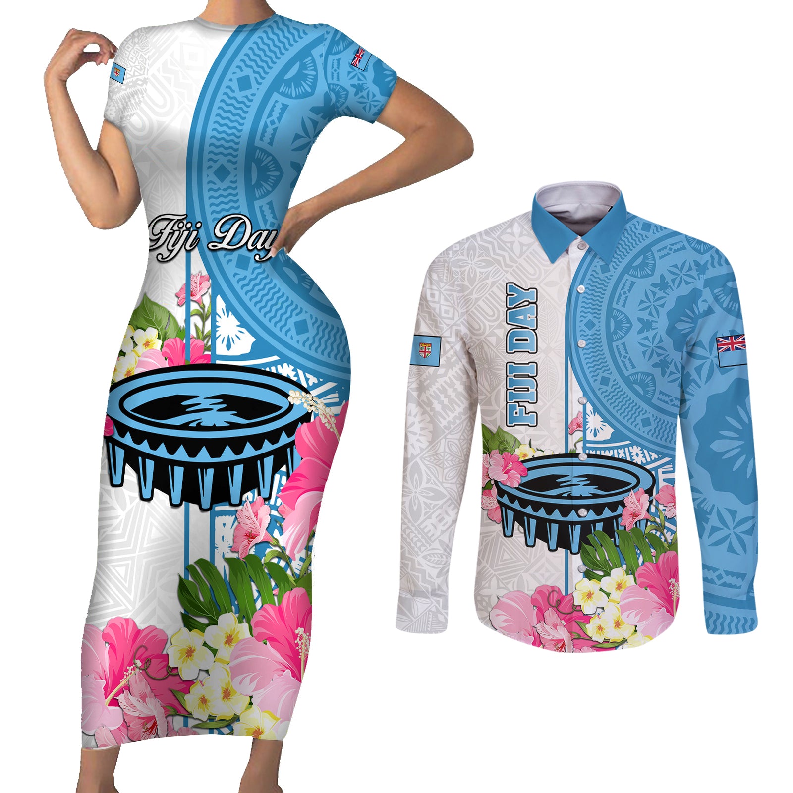 personalized-fiji-day-couples-matching-short-sleeve-bodycon-dress-and-long-sleeve-button-shirts-tanoa-hibiscus-fijian-tapa-masi-pattern