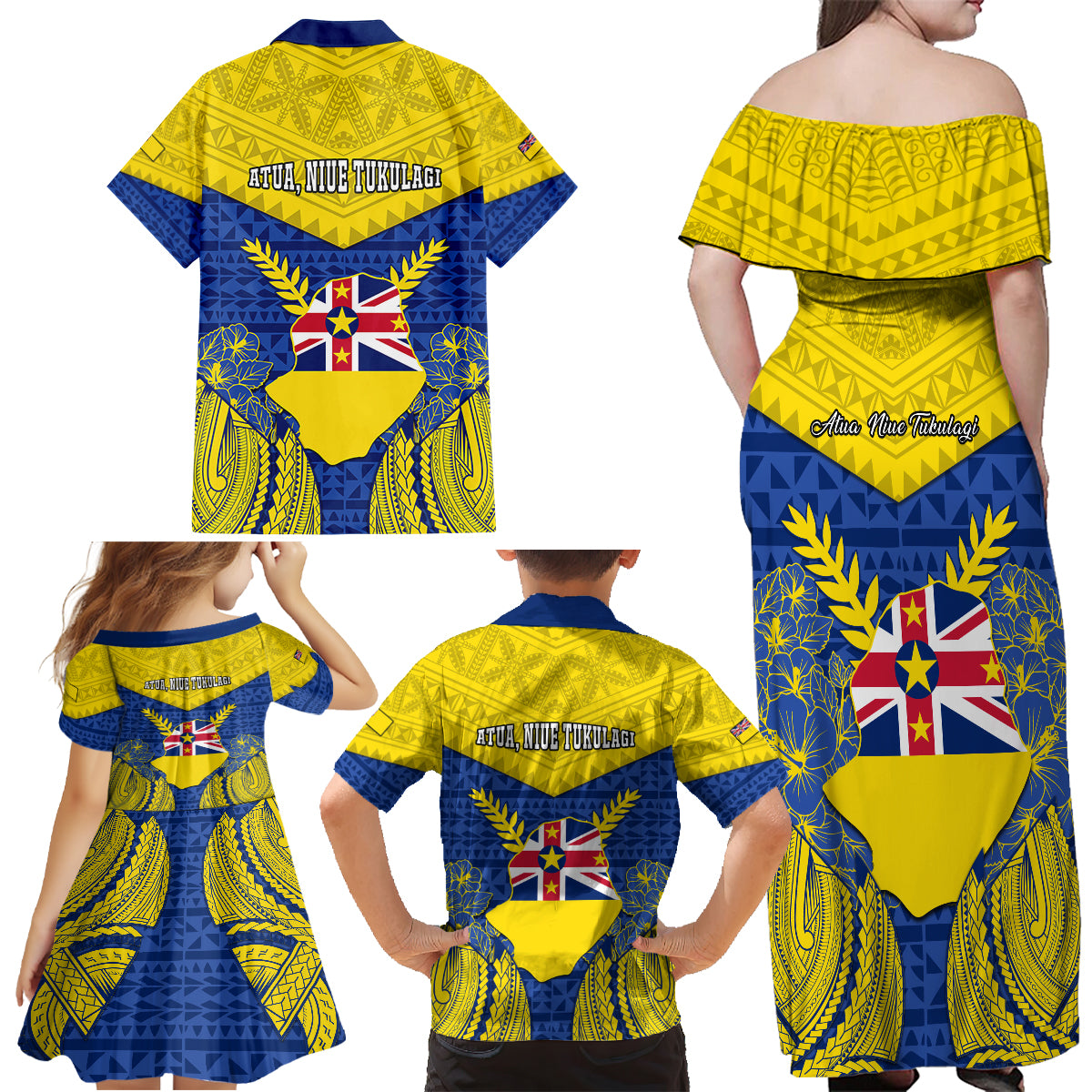 niue-constitution-day-family-matching-off-shoulder-long-sleeve-dress-and-hawaiian-shirt-coat-of-arms-niuean-hiapo-pattern