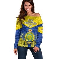 Niue Constitution Day Off Shoulder Sweater Coat Of Arms Niuean Hiapo Pattern LT05 Women Yellow - Polynesian Pride