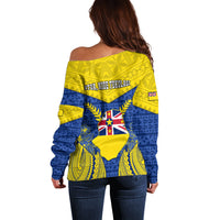 Niue Constitution Day Off Shoulder Sweater Coat Of Arms Niuean Hiapo Pattern LT05 - Polynesian Pride