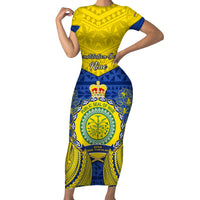Niue Constitution Day Short Sleeve Bodycon Dress Coat Of Arms Niuean Hiapo Pattern LT05 Long Dress Yellow - Polynesian Pride