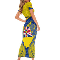 Niue Constitution Day Short Sleeve Bodycon Dress Coat Of Arms Niuean Hiapo Pattern LT05 - Polynesian Pride