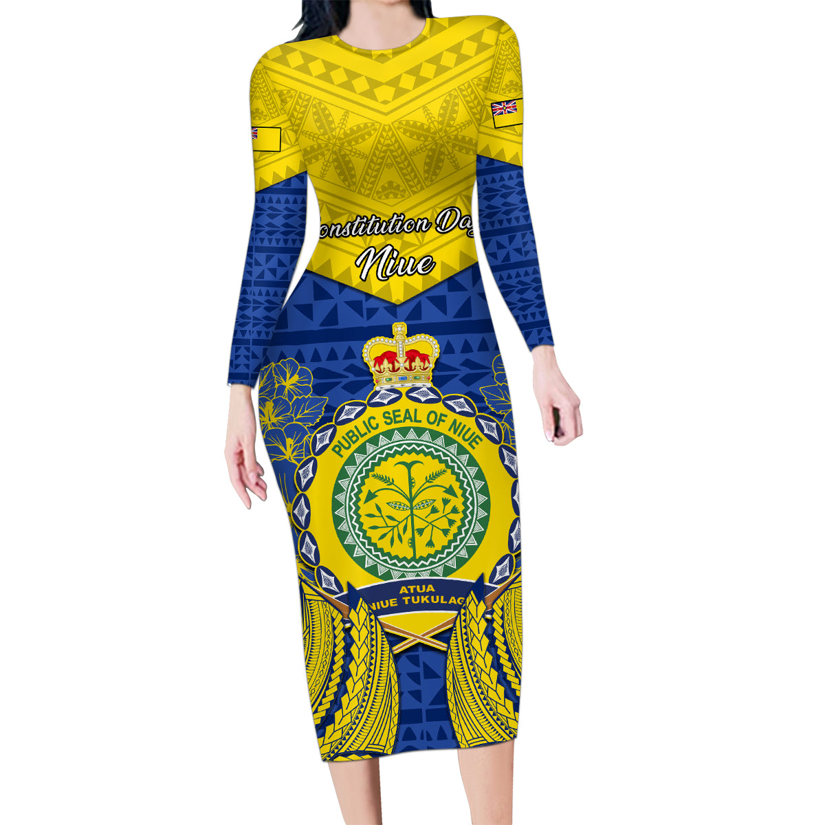 Personalized Niue Constitution Day Family Matching Long Sleeve Bodycon Dress and Hawaiian Shirt Coat Of Arms Niuean Hiapo Pattern LT05 Mom's Dress Yellow - Polynesian Pride