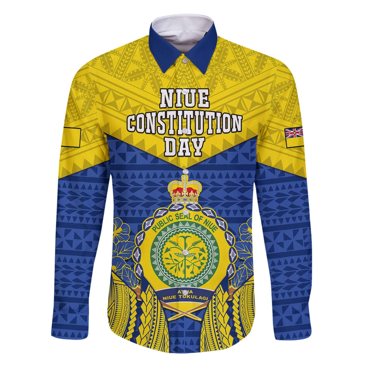 Personalized Niue Constitution Day Family Matching Off Shoulder Maxi Dress and Hawaiian Shirt Coat Of Arms Niuean Hiapo Pattern LT05 Dad's Shirt - Short Sleeve Yellow - Polynesian Pride