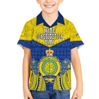 Personalized Niue Constitution Day Family Matching Off Shoulder Short Dress and Hawaiian Shirt Coat Of Arms Niuean Hiapo Pattern LT05 Son's Shirt Yellow - Polynesian Pride