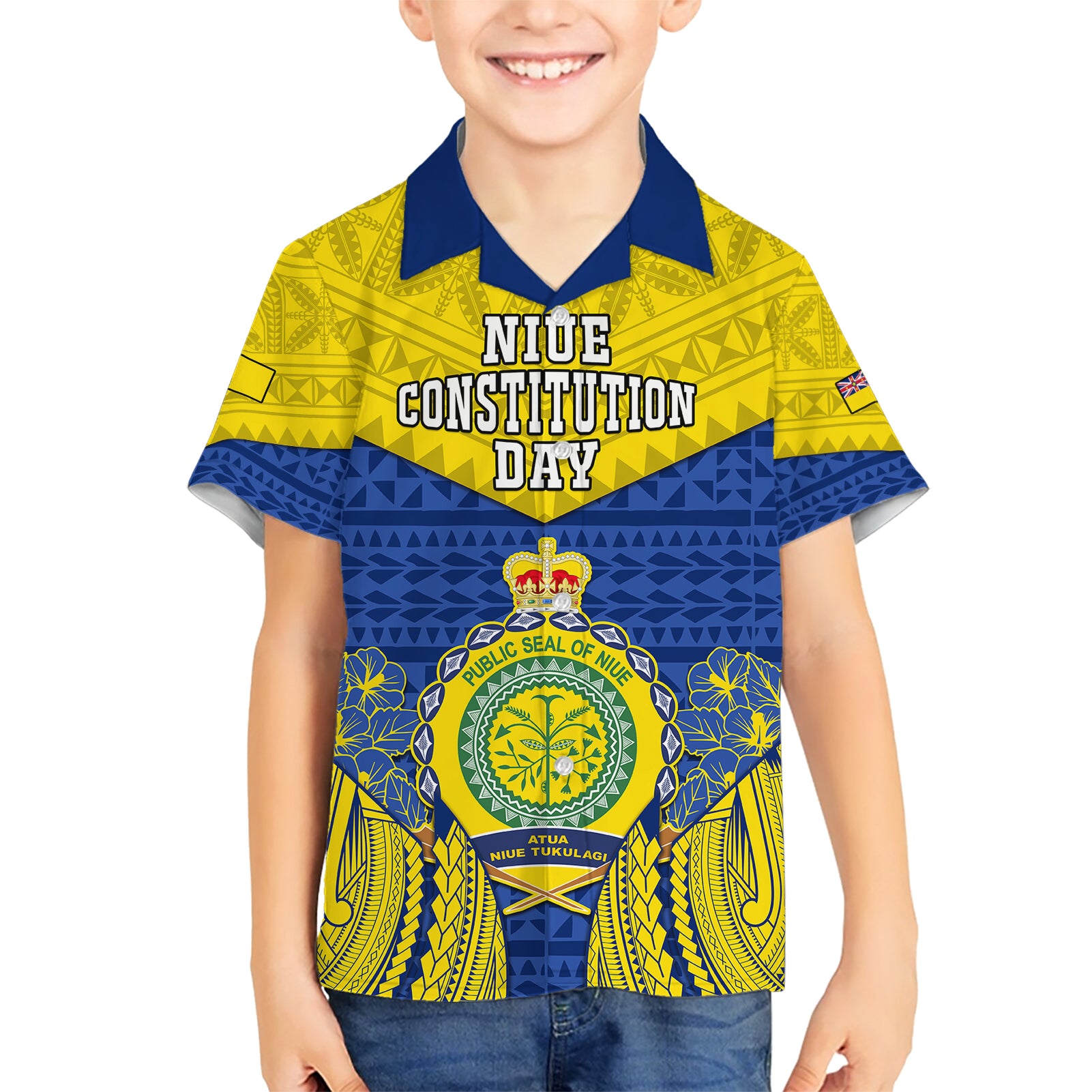 personalized-niue-constitution-day-kid-hawaiian-shirt-coat-of-arms-niuean-hiapo-pattern