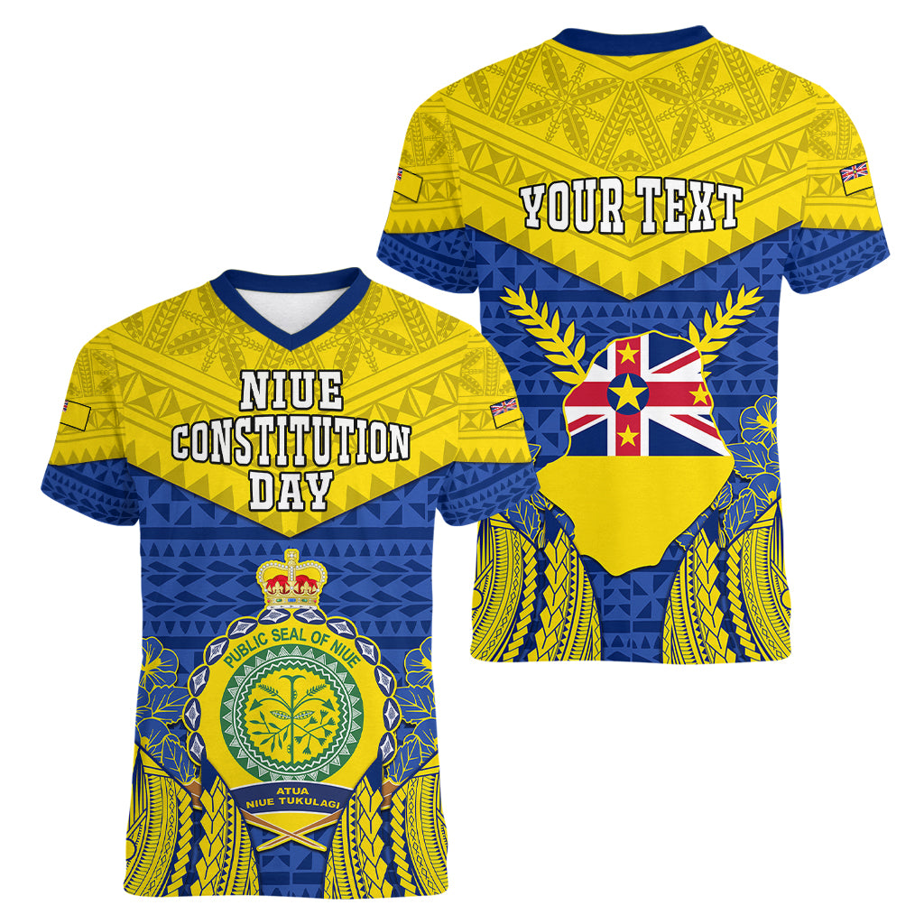 personalized-niue-constitution-day-women-v-neck-t-shirt-coat-of-arms-niuean-hiapo-pattern