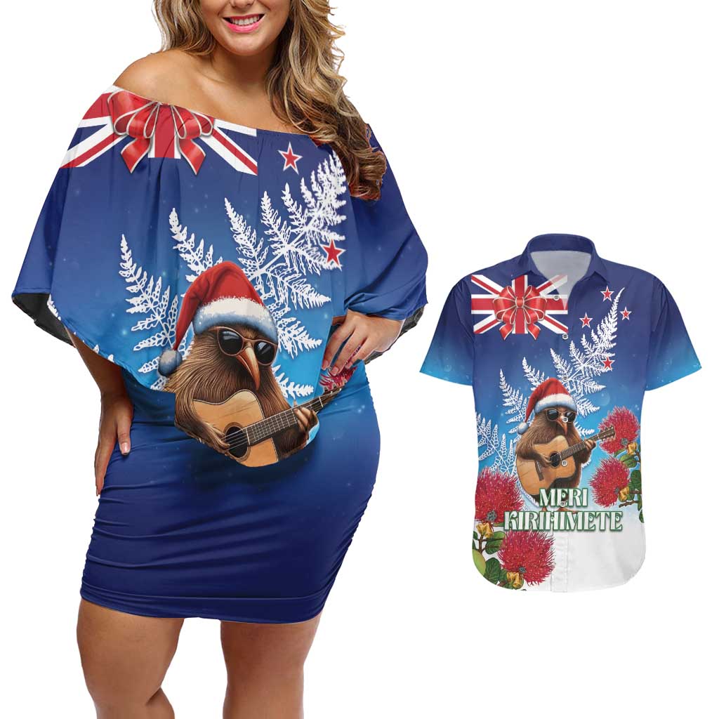New Zealand Kiwi Christmas Couples Matching Off Shoulder Short Dress and Hawaiian Shirt Xmas Vibe