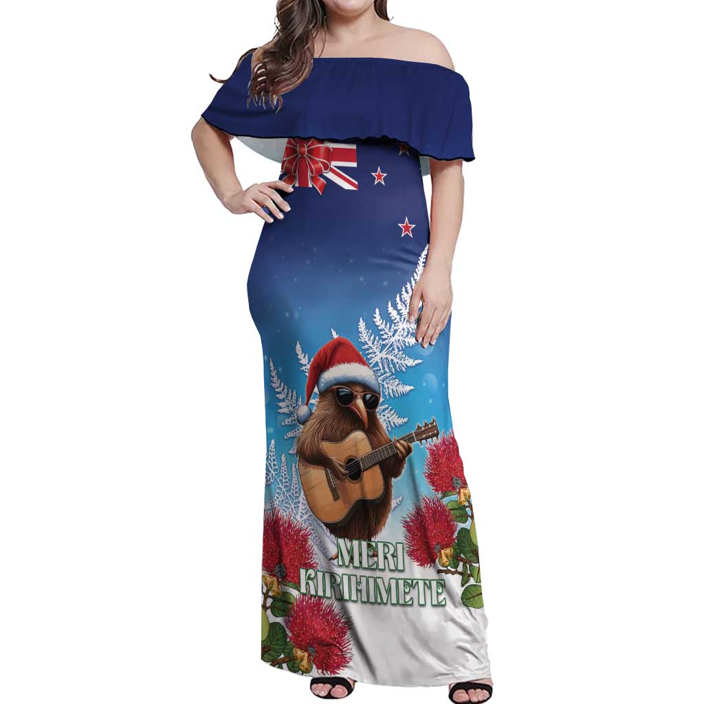 New Zealand Kiwi Christmas Off Shoulder Maxi Dress Xmas Vibe LT05 Women Blue - Polynesian Pride