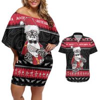 New Zealand Santa Tiki Christmas Couples Matching Off Shoulder Short Dress and Hawaiian Shirt Meri Kirihimete