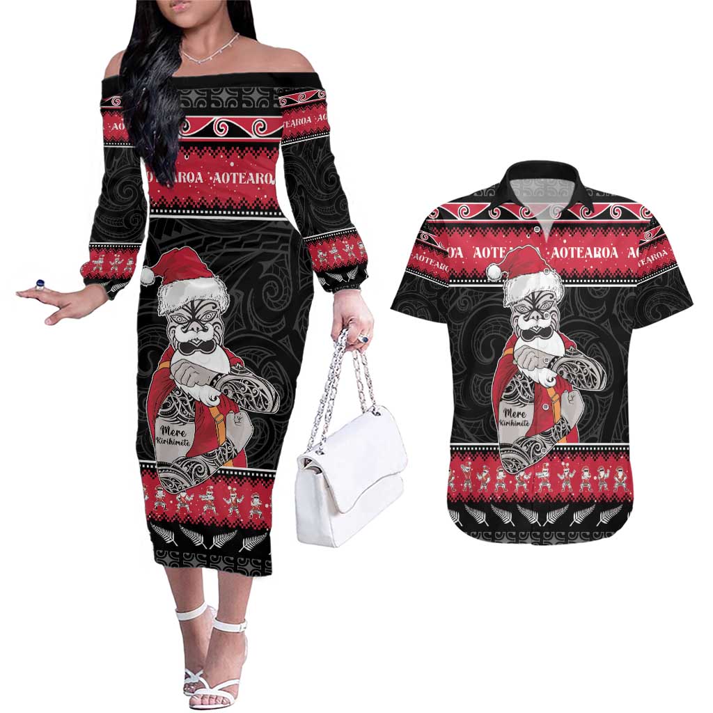 New Zealand Santa Tiki Christmas Couples Matching Off The Shoulder Long Sleeve Dress and Hawaiian Shirt Meri Kirihimete