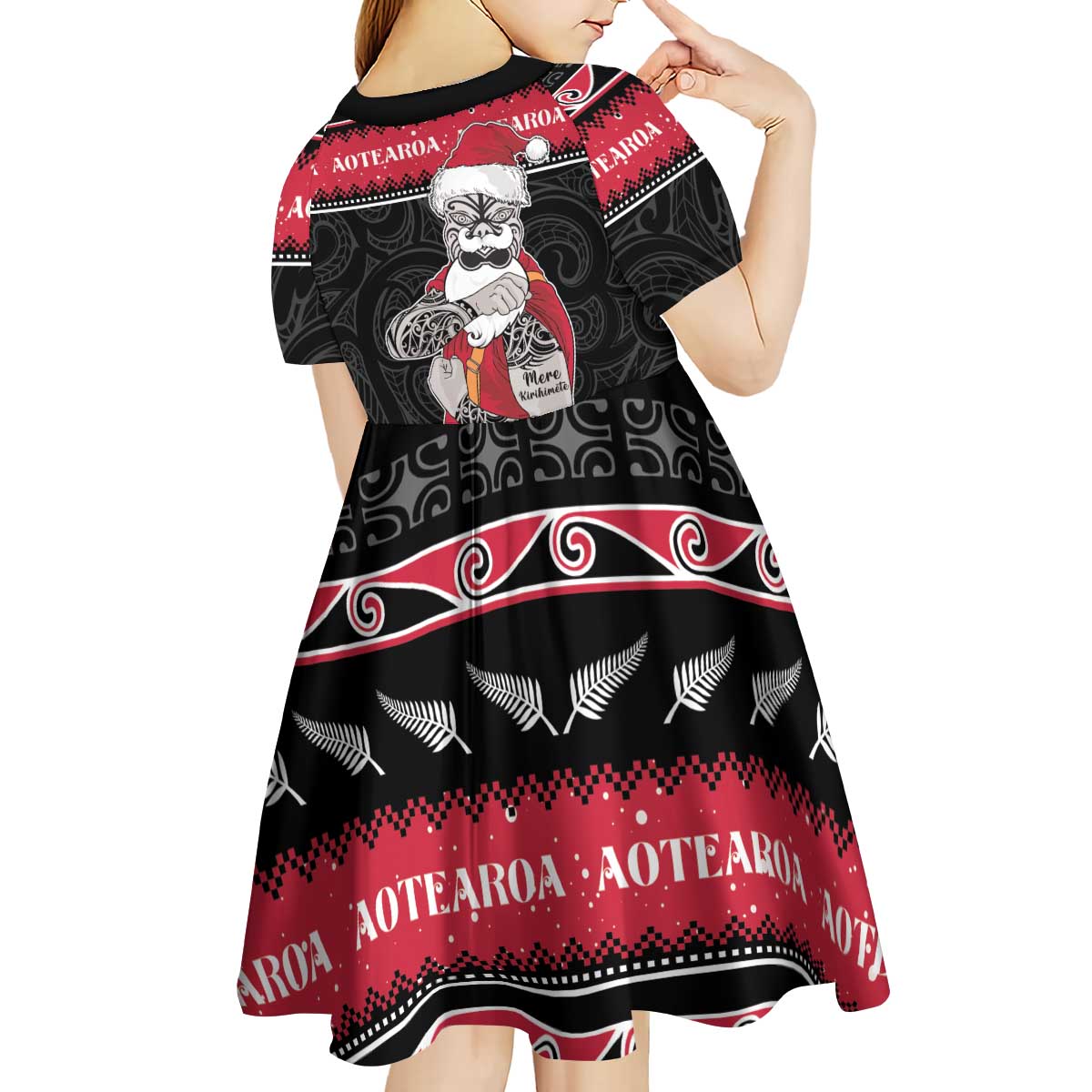New Zealand Santa Tiki Christmas Kid Short Sleeve Dress Meri Kirihimete