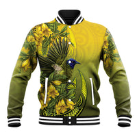 New Zealand Bellbird Baseball Jacket With Kowhai Flowers LT05 Unisex Yellow - Polynesian Pride
