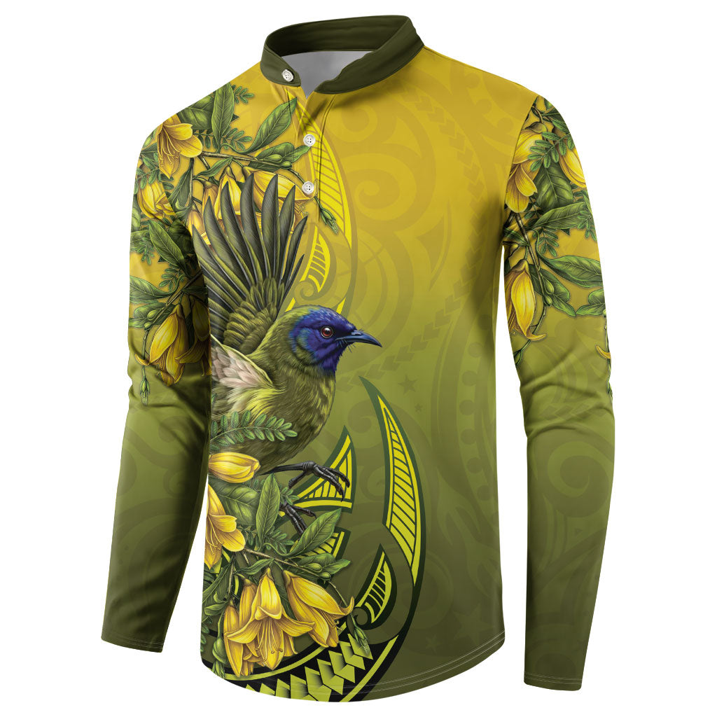New Zealand Bellbird Button Sweatshirt With Kowhai Flowers LT05 - Polynesian Pride