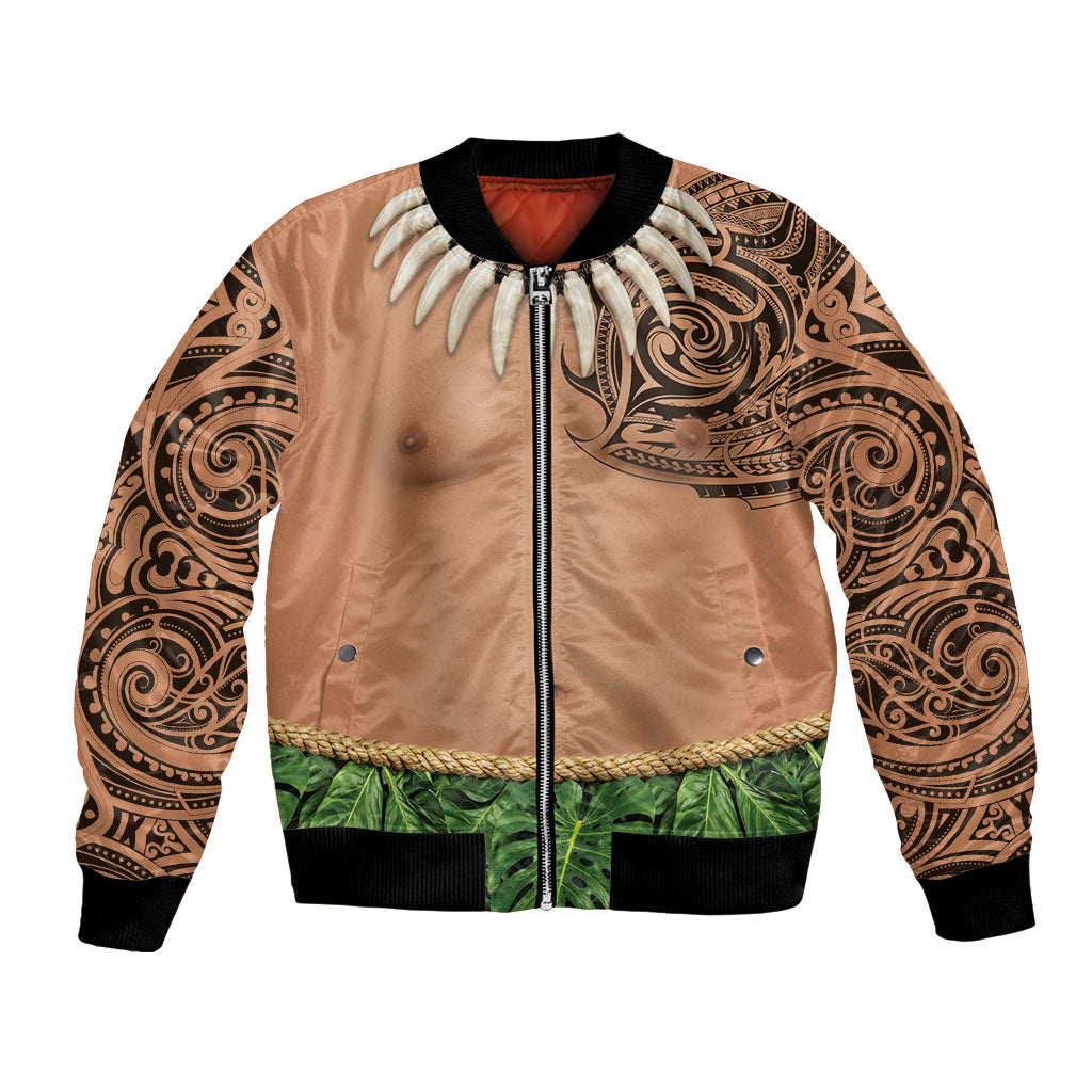 Hawaii Tribal Tattoo Costume Bomber Jacket Shark Tooth Necklace Leaf Skirt LT05 Unisex Beige - Polynesian Pride