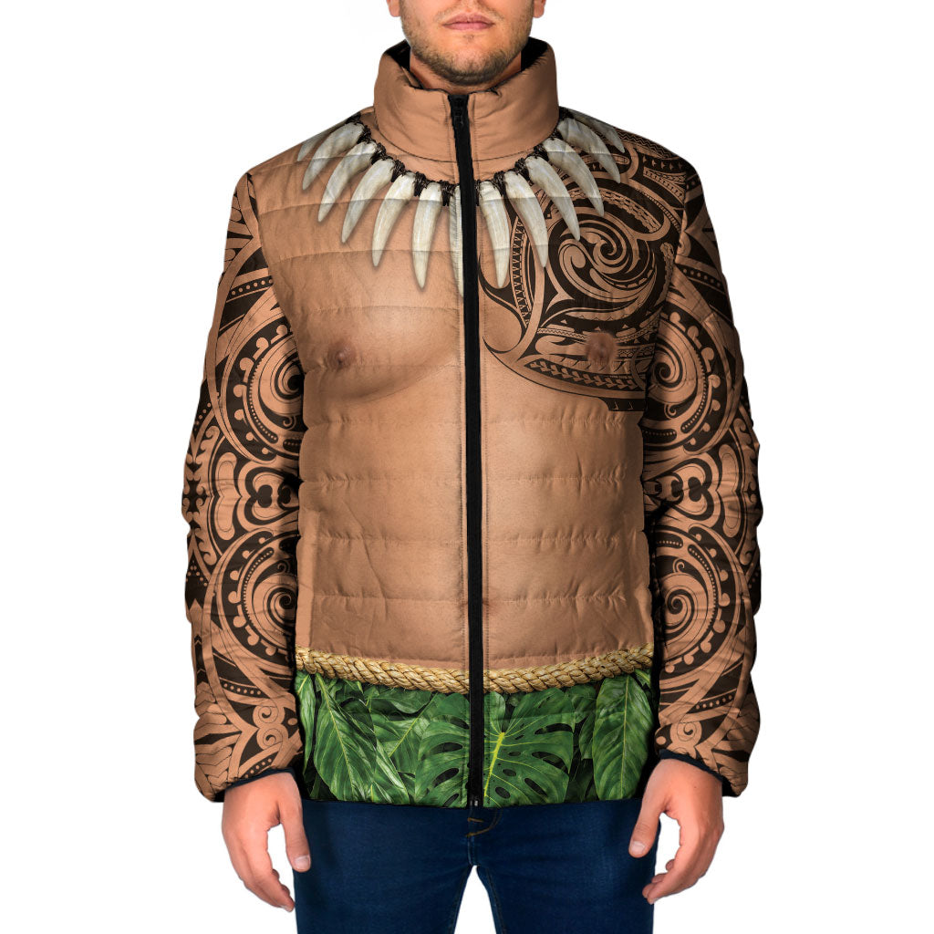 Hawaii Tribal Tattoo Costume Padded Jacket Shark Tooth Necklace Leaf Skirt LT05 Men Beige - Polynesian Pride