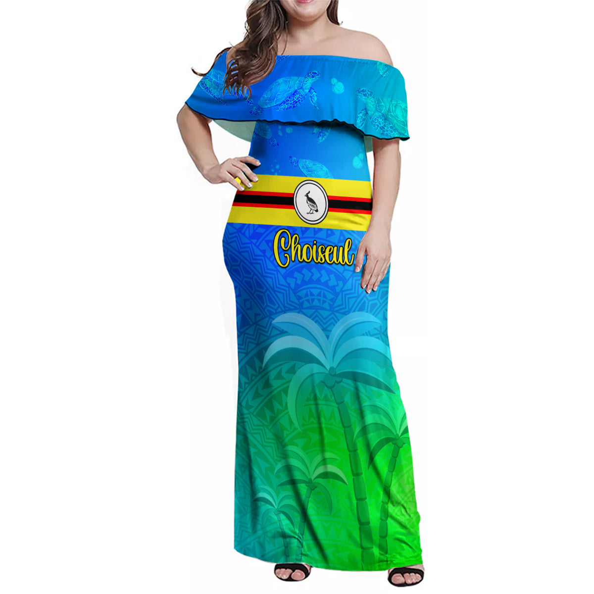 Personalised Solomon Islands Choiseul Province Day Family Matching Off Shoulder Maxi Dress and Hawaiian Shirt Sea Turtle Tribal Pattern LT05 Mom's Dress Blue - Polynesian Pride