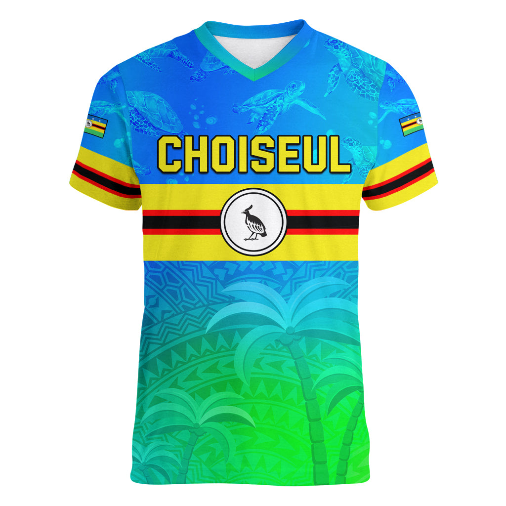 Personalised Solomon Islands Choiseul Province Day Women V Neck T Shirt Sea Turtle Tribal Pattern LT05 Female Blue - Polynesian Pride