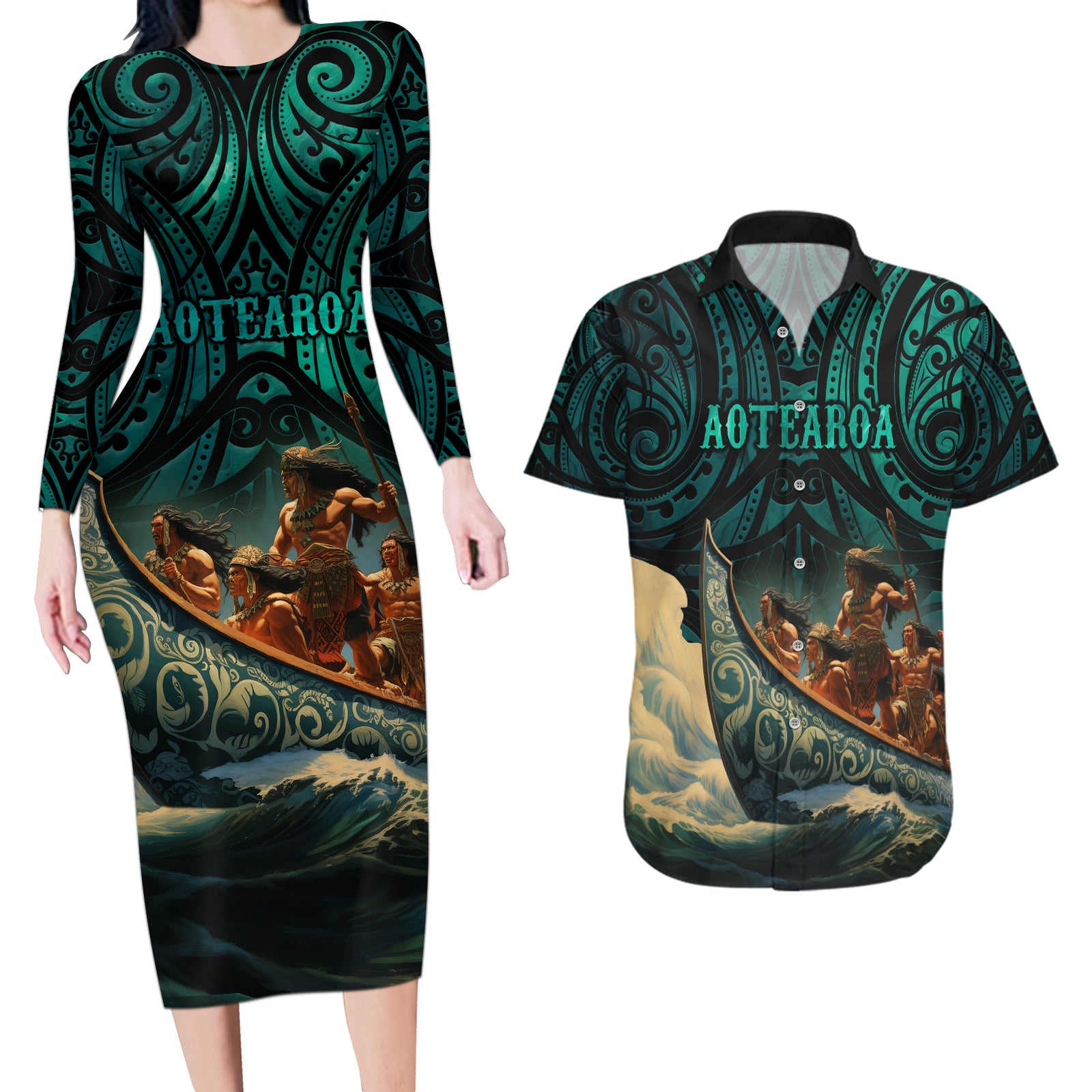 Personalised New Zealand Tamaki Herenga Waka Festival Couples Matching Long Sleeve Bodycon Dress and Hawaiian Shirt Maori Pattern LT05 Dark Turquoise - Polynesian Pride