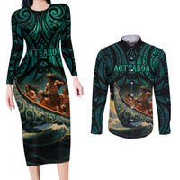 Personalised New Zealand Tamaki Herenga Waka Festival Couples Matching Long Sleeve Bodycon Dress and Long Sleeve Button Shirt Maori Pattern LT05 Dark Turquoise - Polynesian Pride