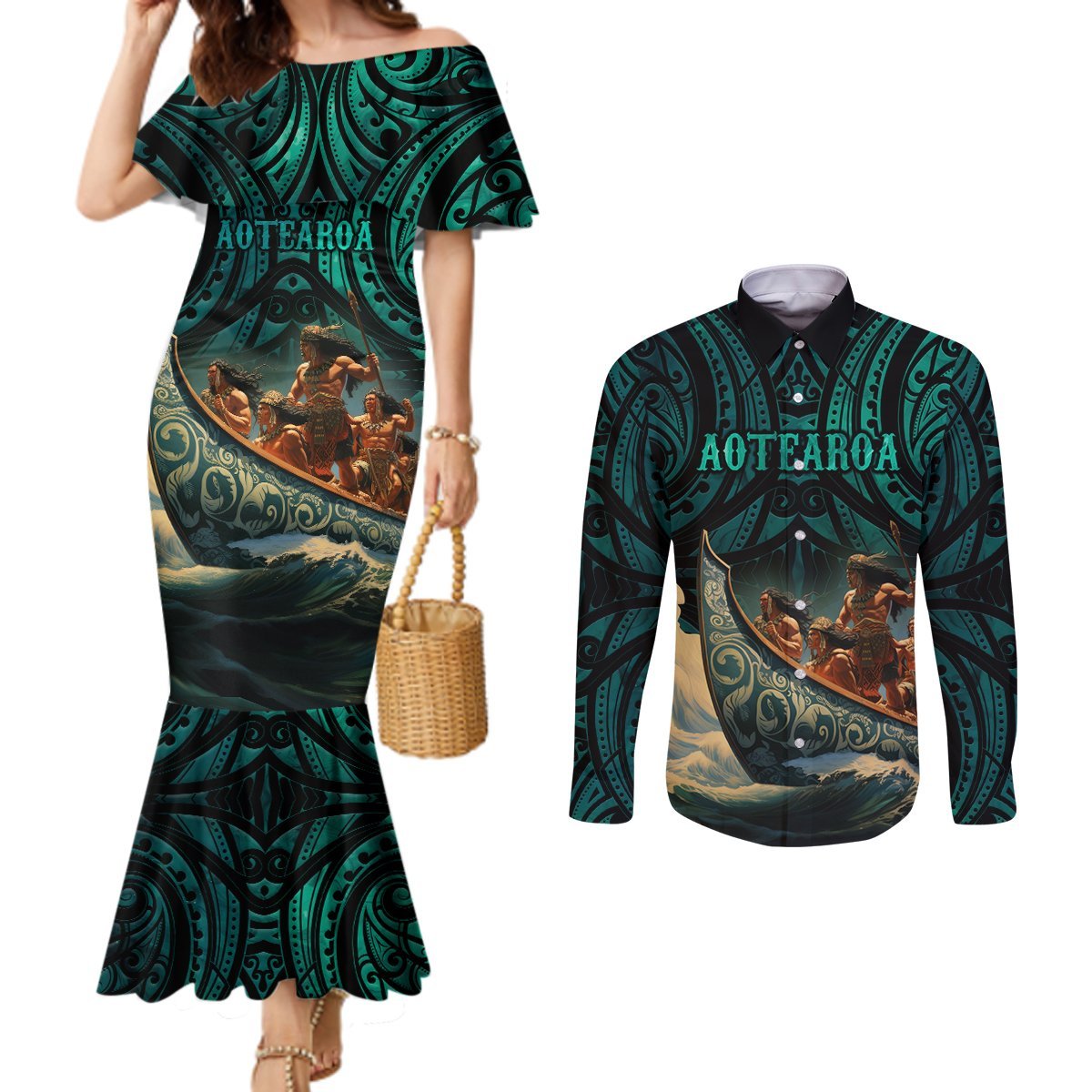 Personalised New Zealand Tamaki Herenga Waka Festival Couples Matching Mermaid Dress and Long Sleeve Button Shirt Maori Pattern LT05 Dark Turquoise - Polynesian Pride