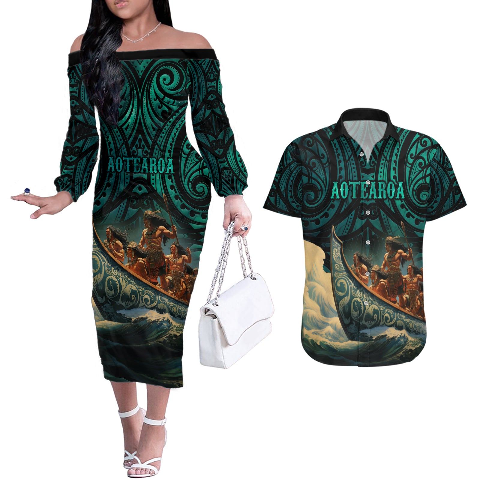 Personalised New Zealand Tamaki Herenga Waka Festival Couples Matching Off The Shoulder Long Sleeve Dress and Hawaiian Shirt Maori Pattern LT05 Dark Turquoise - Polynesian Pride
